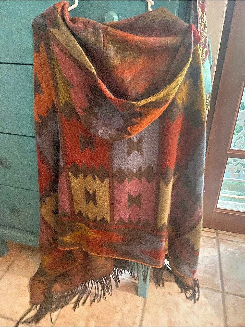 Geometric Fringe Poncho in Brown & Red